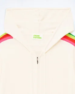 FROM FUTURE Pull Hoodie Zippé Bande Multicolore Ecru Fashion