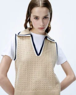 FROM FUTURE Pull Sans Manche Tricot Ajouré Beige Clearance