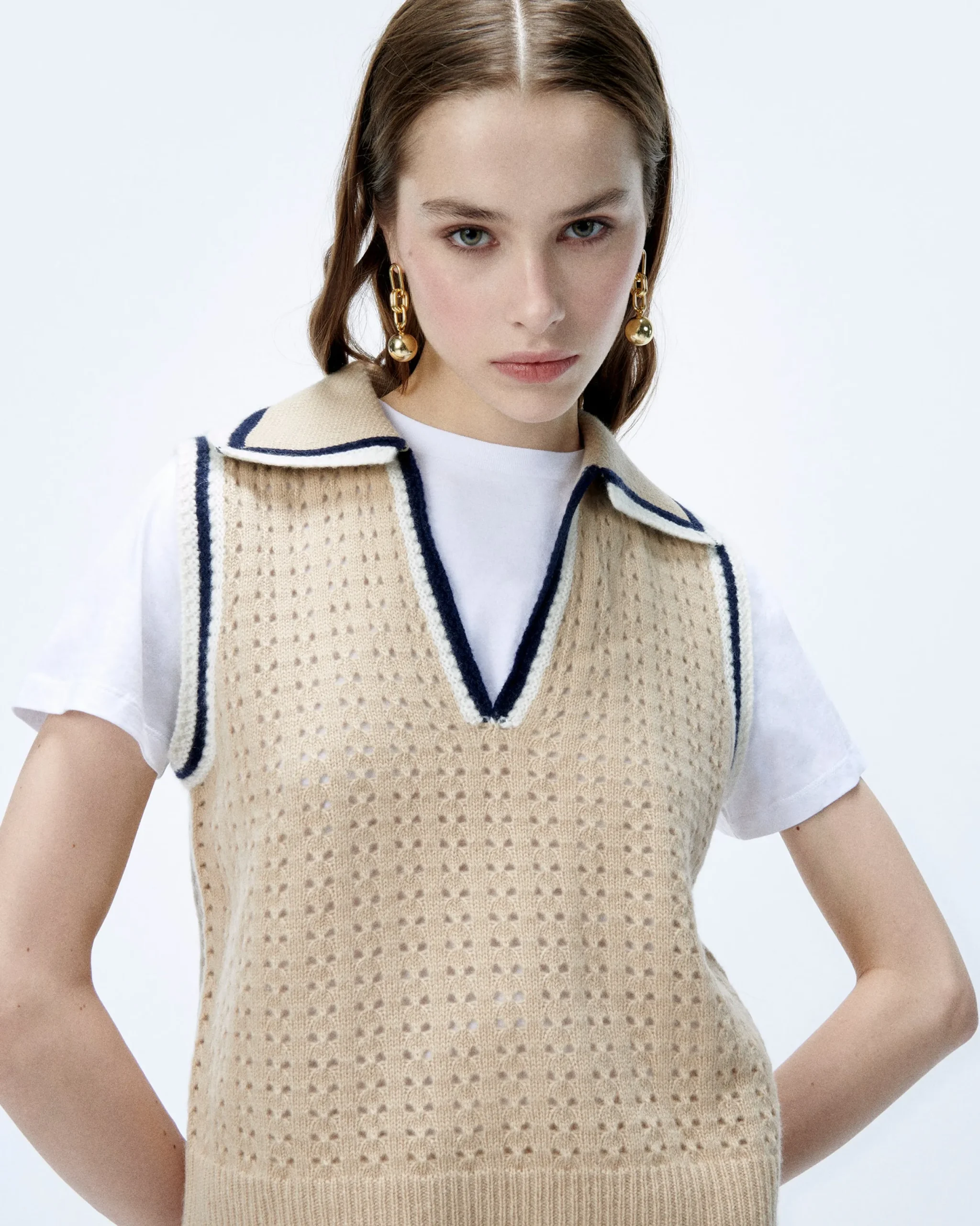 FROM FUTURE Pull Sans Manche Tricot Ajouré Beige Clearance
