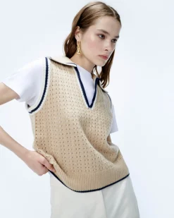 FROM FUTURE Pull Sans Manche Tricot Ajouré Beige Clearance