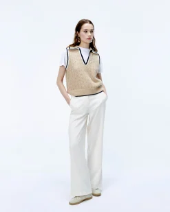 FROM FUTURE Pull Sans Manche Tricot Ajouré Beige Clearance