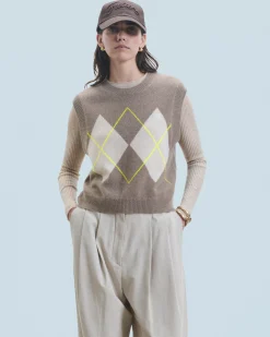 FROM FUTURE Pull Sans Manches à Motif Losange Taupe Online