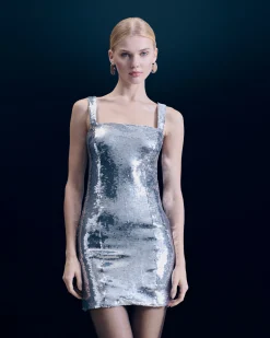 FROM FUTURE Robe Courte Bretelle Sequins Silver Best Sale