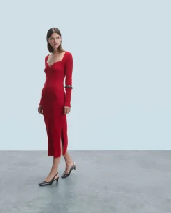 FROM FUTURE Robe Longue Manche Longue Decolleté Coeur HotRed Sale