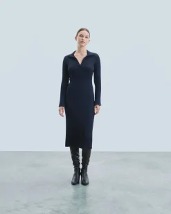 FROM FUTURE Robe Longue Manche Longue Col Polo Navy Hot