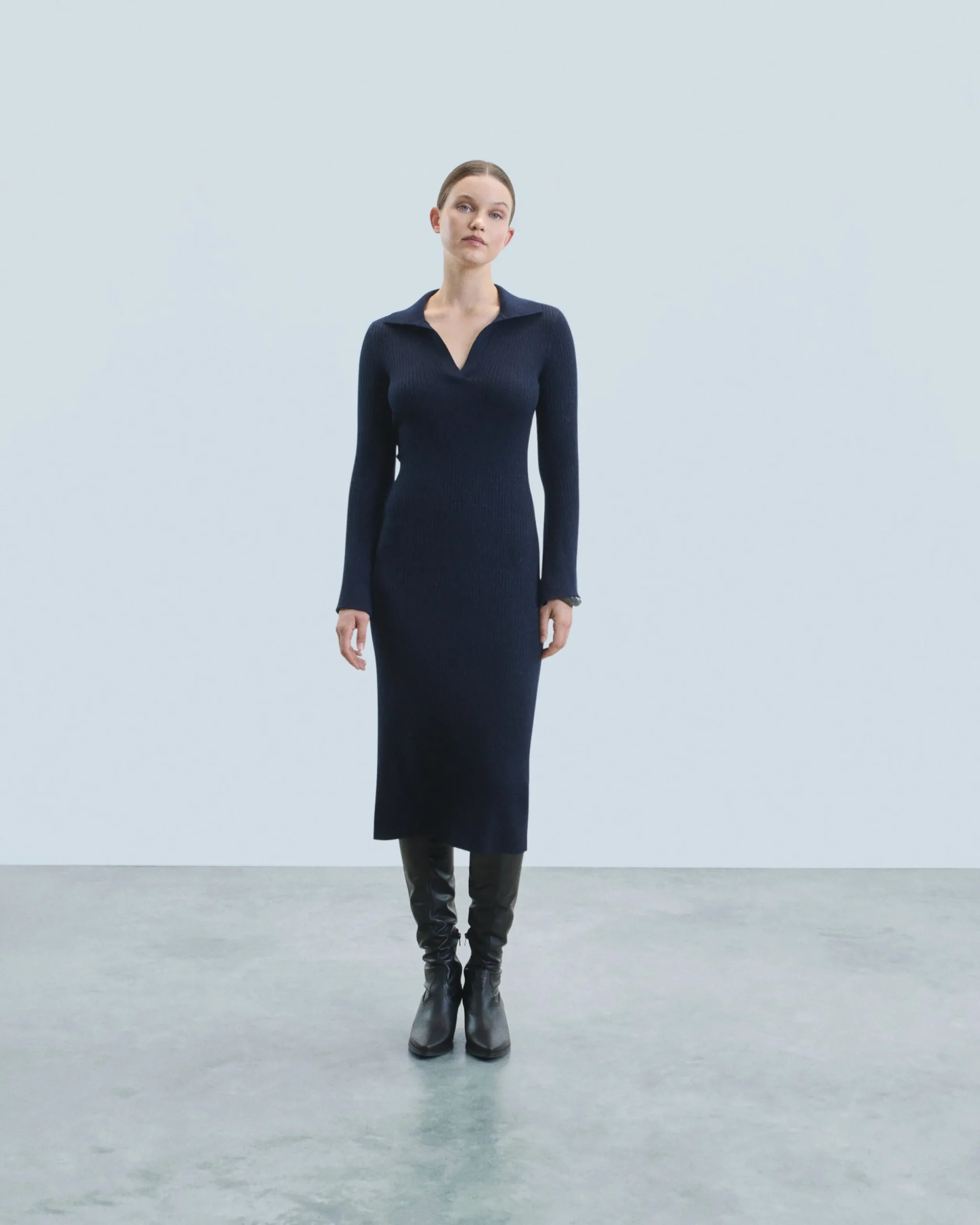 FROM FUTURE Robe Longue Manche Longue Col Polo Navy Hot