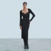 FROM FUTURE Robe Longue Manche Longue Decolleté Coeur Noir Store