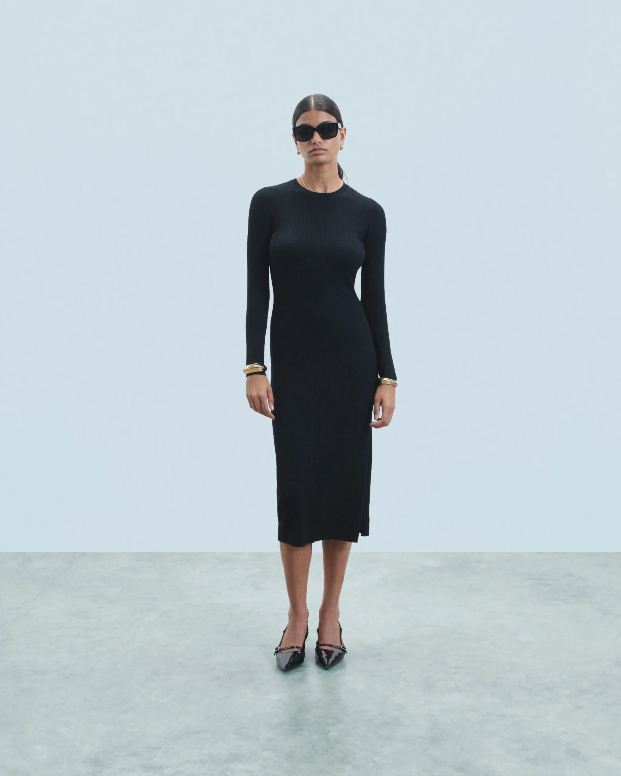 FROM FUTURE Robe Longue Manche Longue à Cotes Fendue Noir Best Sale