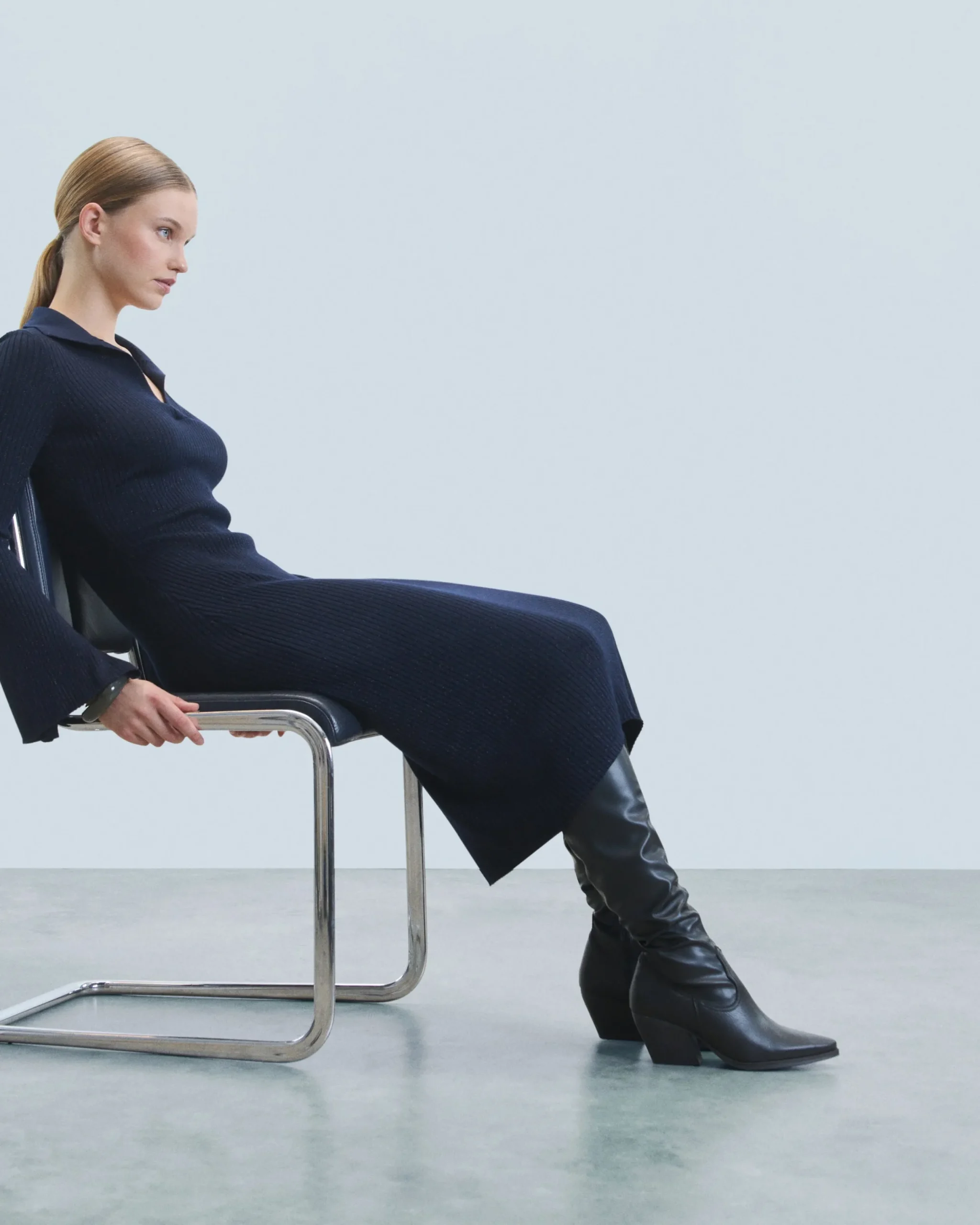 FROM FUTURE Robe Longue Manche Longue Col Polo Navy Hot