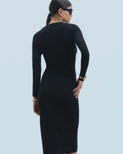 FROM FUTURE Robe Longue Manche Longue à Cotes Fendue Noir Best Sale