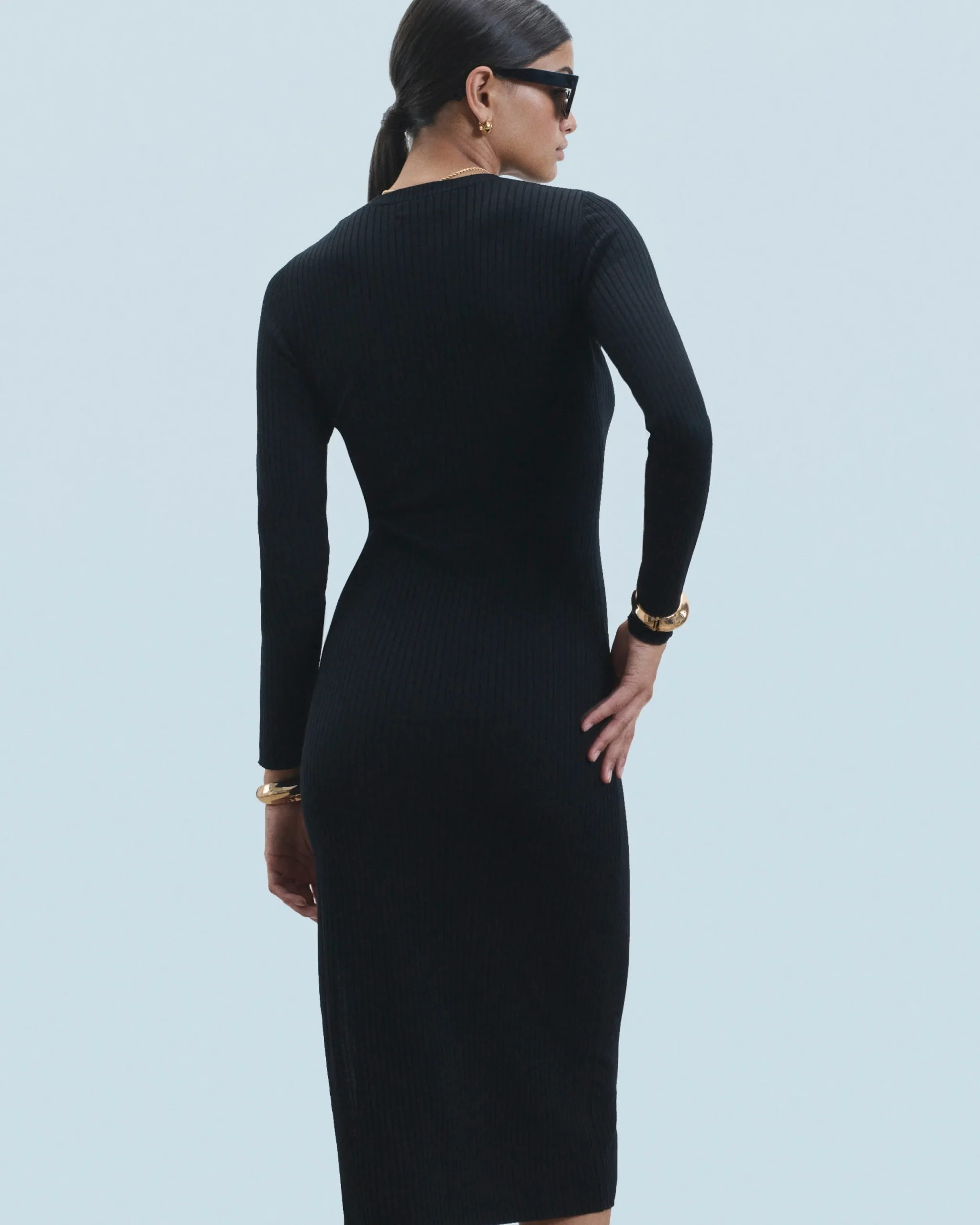 FROM FUTURE Robe Longue Manche Longue à Cotes Fendue Noir Best Sale