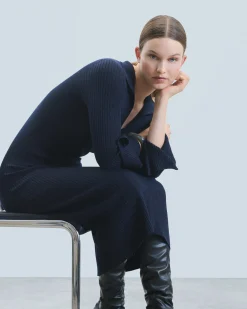 FROM FUTURE Robe Longue Manche Longue Col Polo Navy Hot