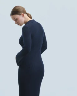 FROM FUTURE Robe Longue Manche Longue Col Polo Navy Hot
