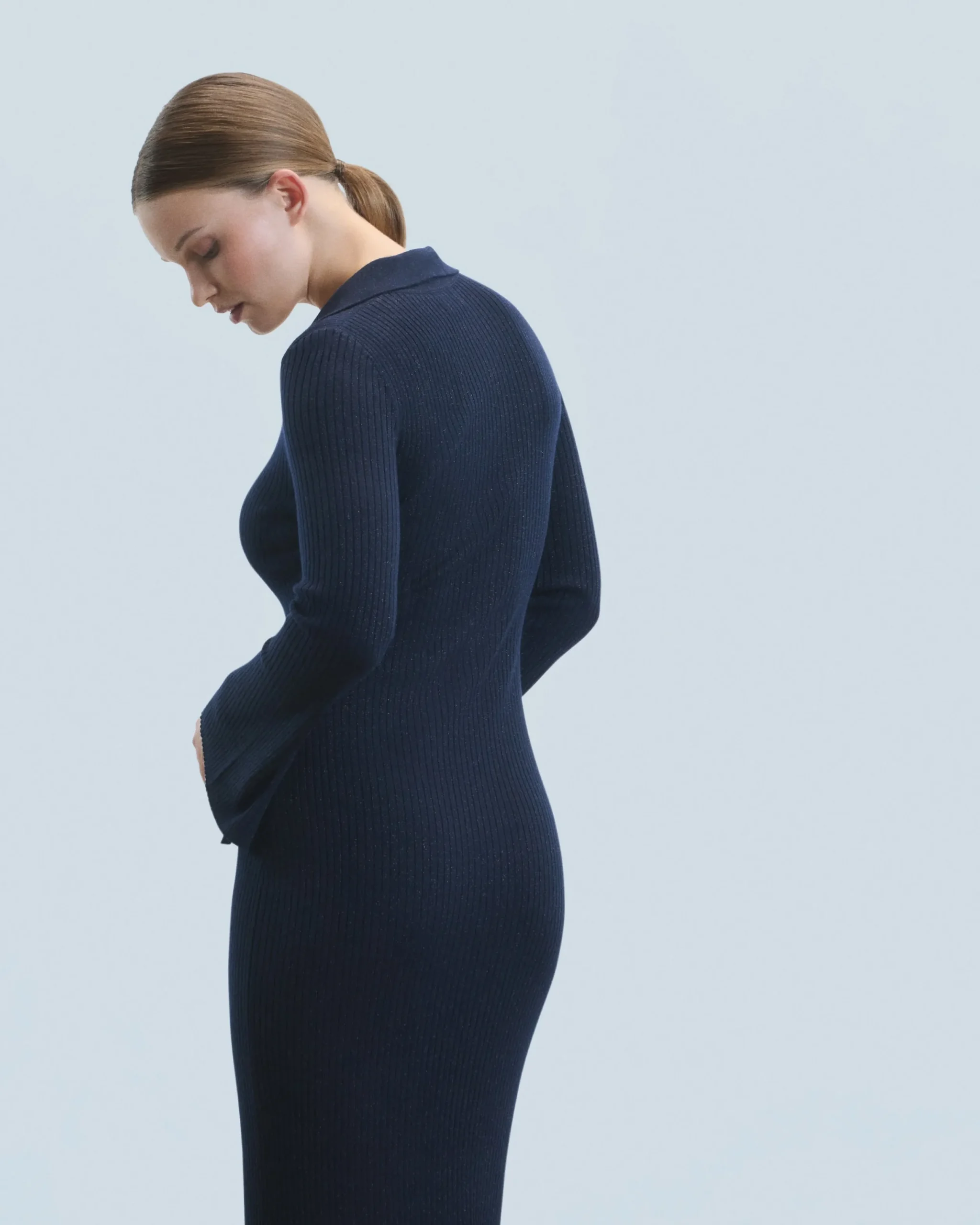 FROM FUTURE Robe Longue Manche Longue Col Polo Navy Hot