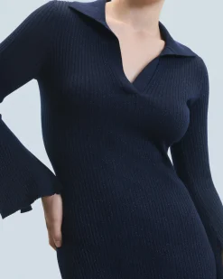 FROM FUTURE Robe Longue Manche Longue Col Polo Navy Hot