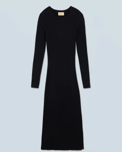 FROM FUTURE Robe Longue Manche Longue à Cotes Fendue Noir Best Sale