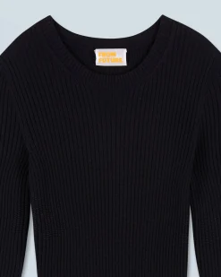FROM FUTURE Robe Longue Manche Longue à Cotes Fendue Noir Best Sale