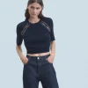 FROM FUTURE Top Manches Courtes Ouvertures et Broderies Navy Best Sale