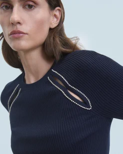 FROM FUTURE Top Manches Courtes Ouvertures et Broderies Navy Best Sale