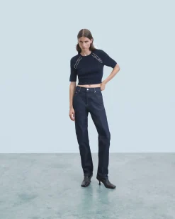 FROM FUTURE Top Manches Courtes Ouvertures et Broderies Navy Best Sale