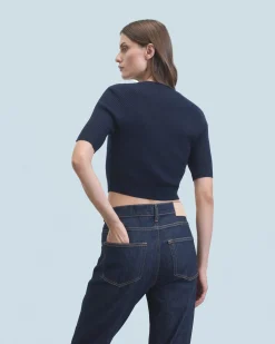 FROM FUTURE Top Manches Courtes Ouvertures et Broderies Navy Best Sale