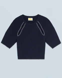 FROM FUTURE Top Manches Courtes Ouvertures et Broderies Navy Best Sale