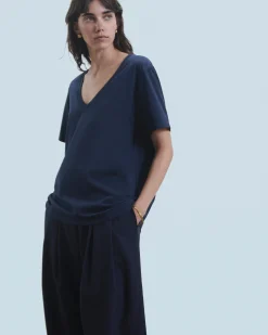FROM FUTURE T-shirt Col V Manches Courtes Navy Fashion